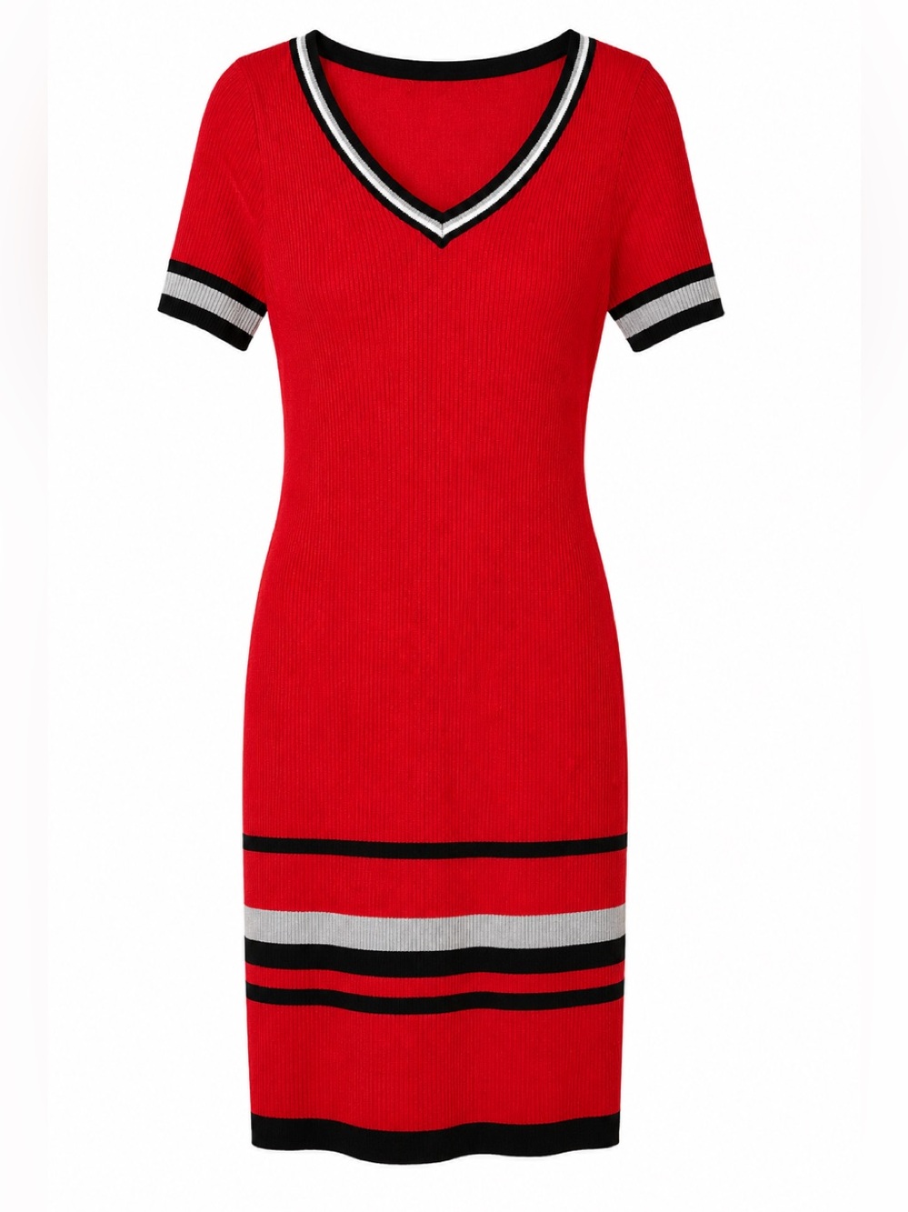 Red Rib Knit Sweater Dress | Sporty Chic V-Neck Bodycon Midi | Fits M/L
